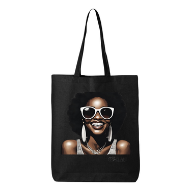 Hi There! Gusseted tote bag featuring an illustration of a beautiful woman with sunglasses and an afro.